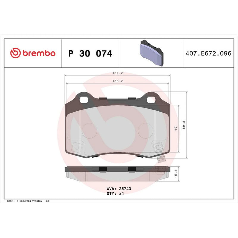 Brembo 4 x Rear Brake Pad Set P30074