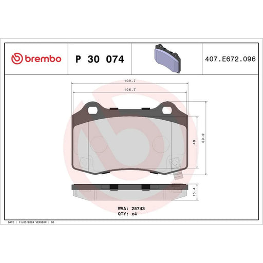 Brembo 4 x Rear Brake Pad Set P30074