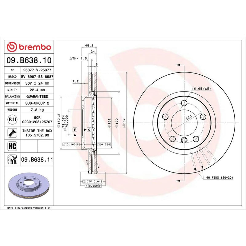 Brembo 2 x Internally Vented Front Brake Discs 09.B638.11