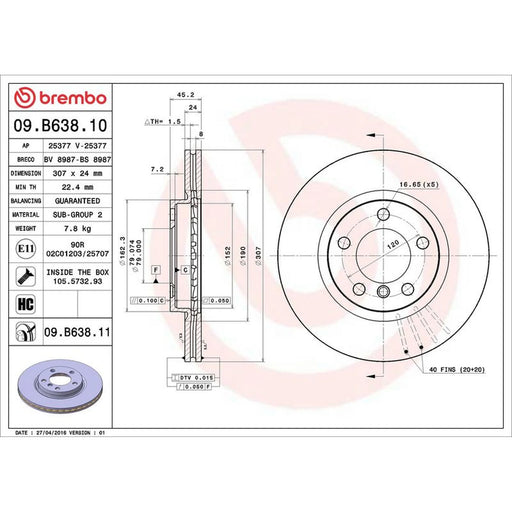 Brembo 2 x Internally Vented Front Brake Discs 09.B638.11