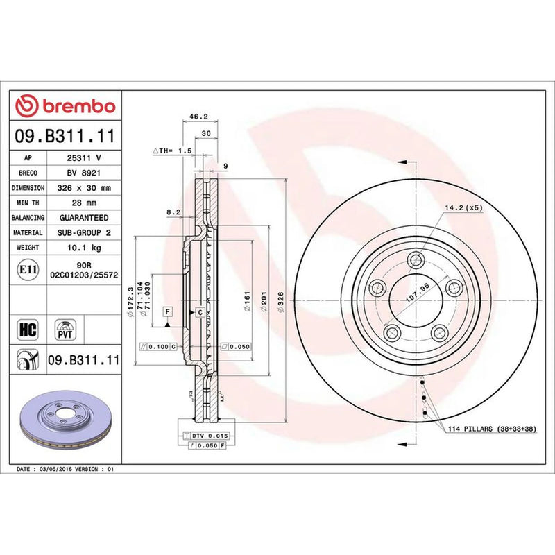 Brembo 2 x Internally Vented Front Brake Discs 09.B311.11
