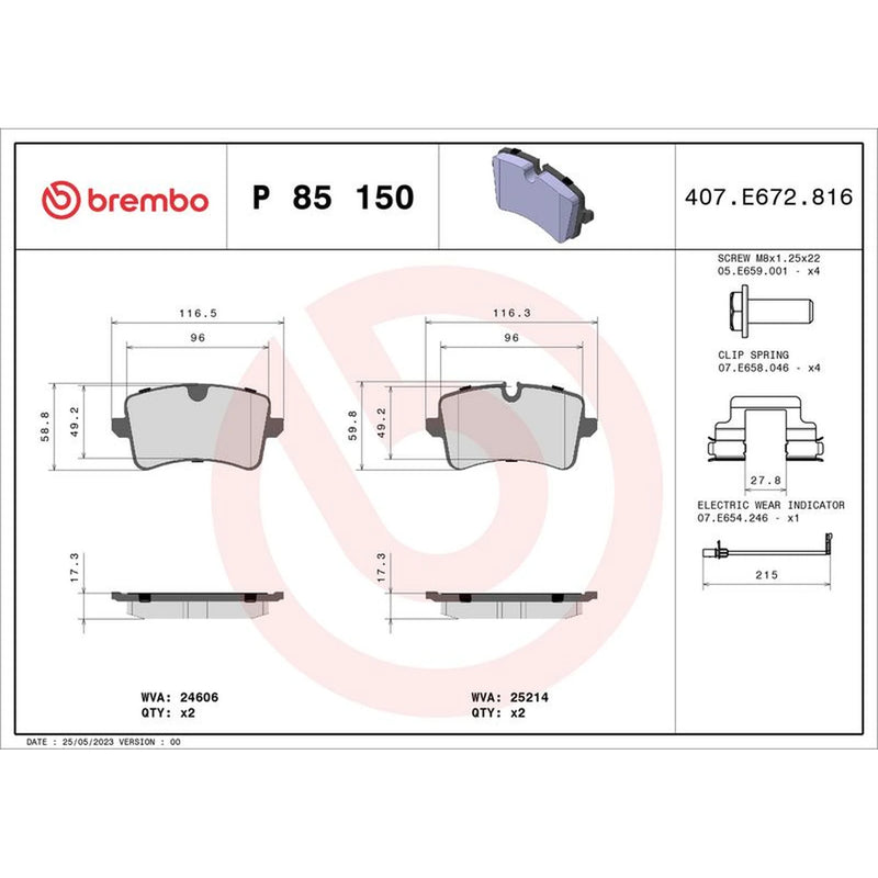 Brembo 4 x Rear Brake Pad Set P85150