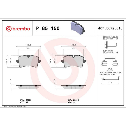 Brembo 4 x Rear Brake Pad Set P85150