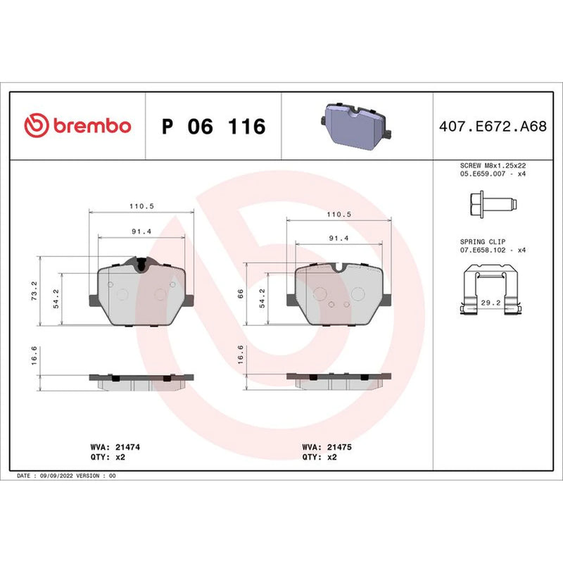Brembo 4 x Rear Brake Pad Set P06116
