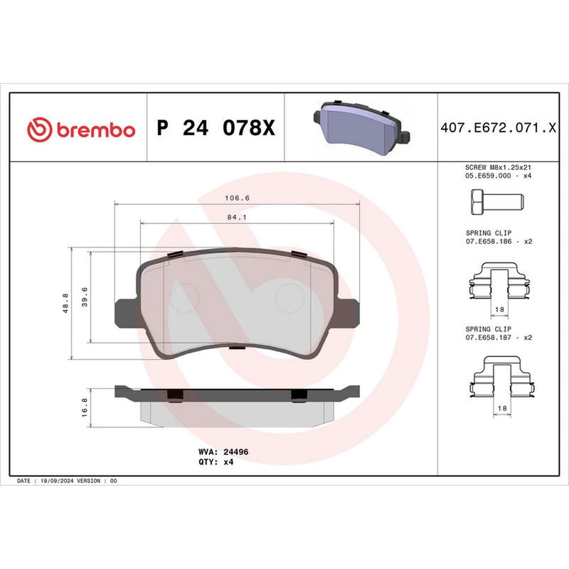 Brembo 4 x Rear Brake Pad Set P24078X