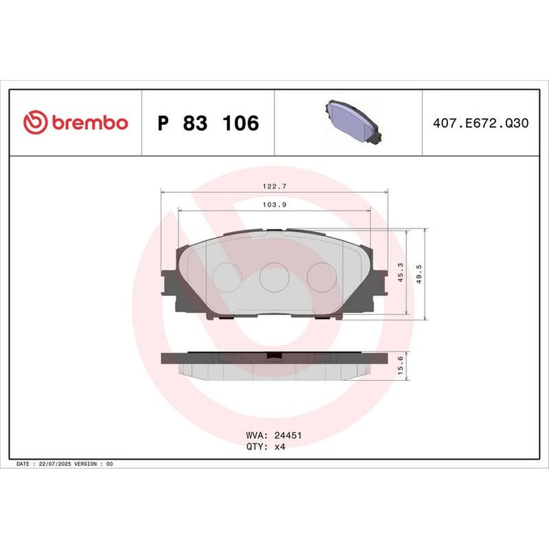 Brembo 4 x Front Brake Pad Set P83106