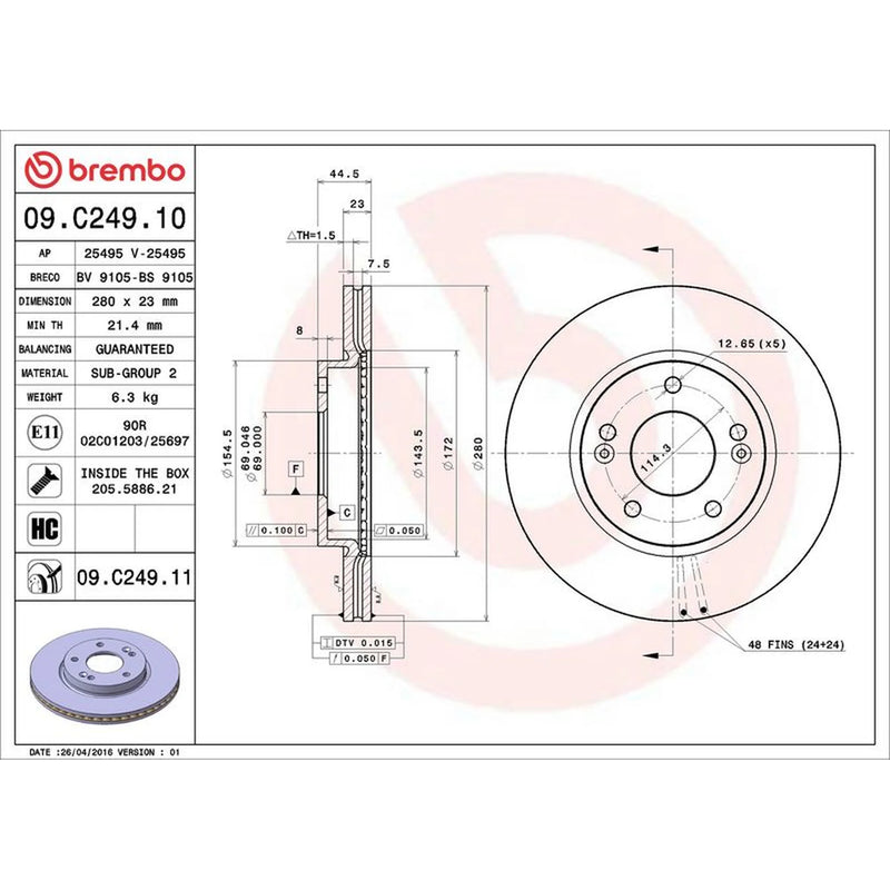 Brembo 2 x Internally Vented Front Brake Discs 09.C249.11
