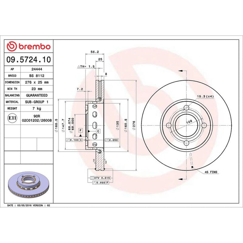 Brembo 2 x Internally Vented Front Brake Discs 09.5724.10