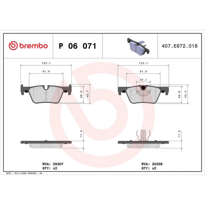 Brembo 4 x Rear Brake Pad Set P06071