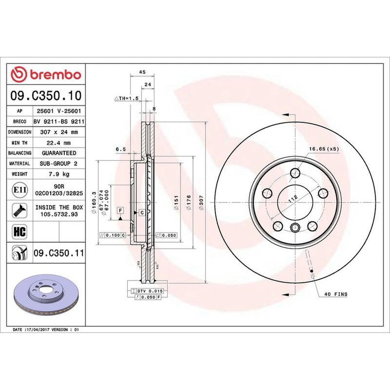 Brembo 2 x Internally Vented Front Brake Discs 09.C350.11