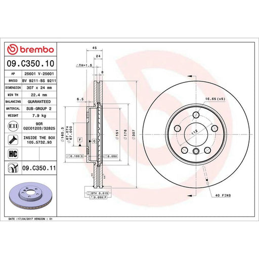 Brembo 2 x Internally Vented Front Brake Discs 09.C350.11