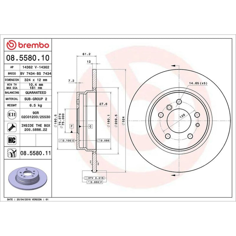 Brembo 2 x Solid Rear Brake Discs 08.5580.11