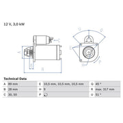 Bosch Starter Motor 12V 3kW 9 Teeth 0 986 019 020