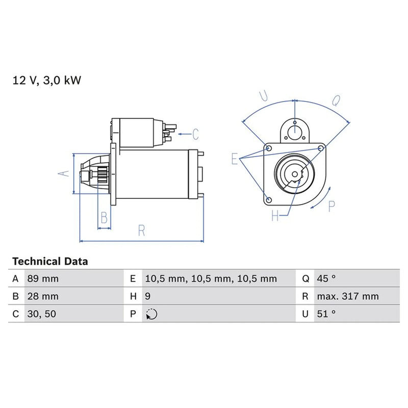 Bosch Starter Motor 12V 3kW 9 Teeth 0 986 019 020