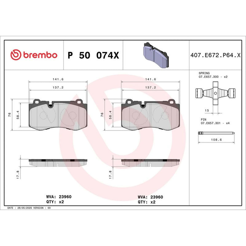 Brembo 4 x Front Brake Pad Set P50074X