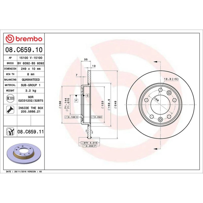 Brembo 2 x Solid Rear Brake Discs 08.C659.11