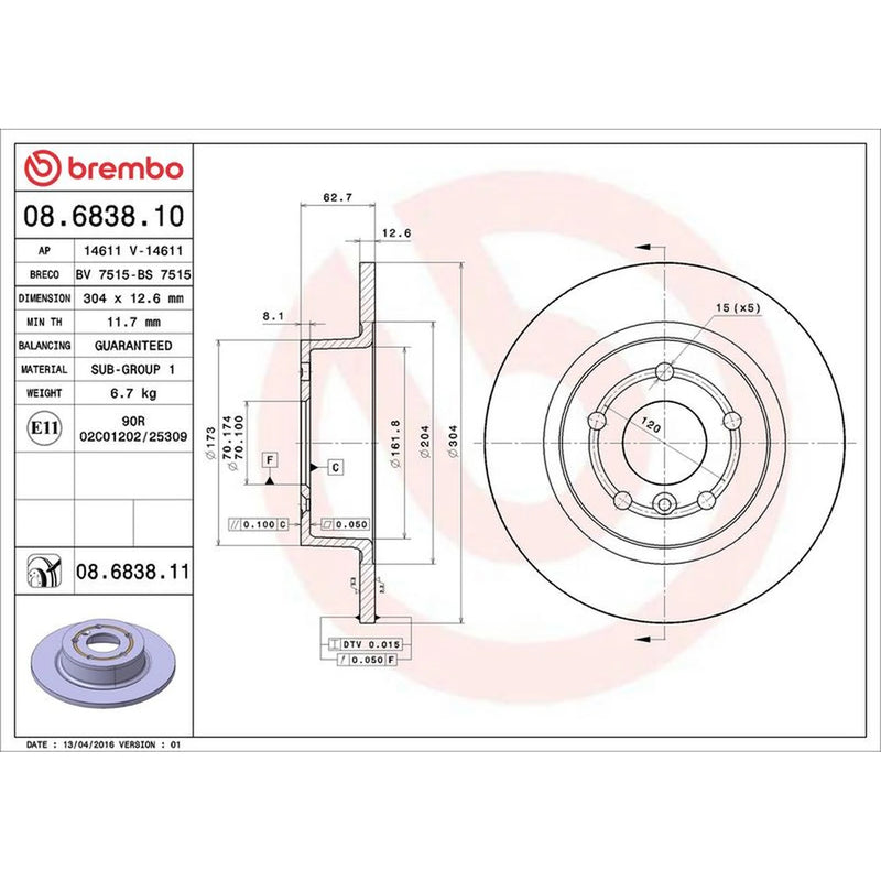 Brembo 2 x Solid Rear Brake Discs 08.6838.11