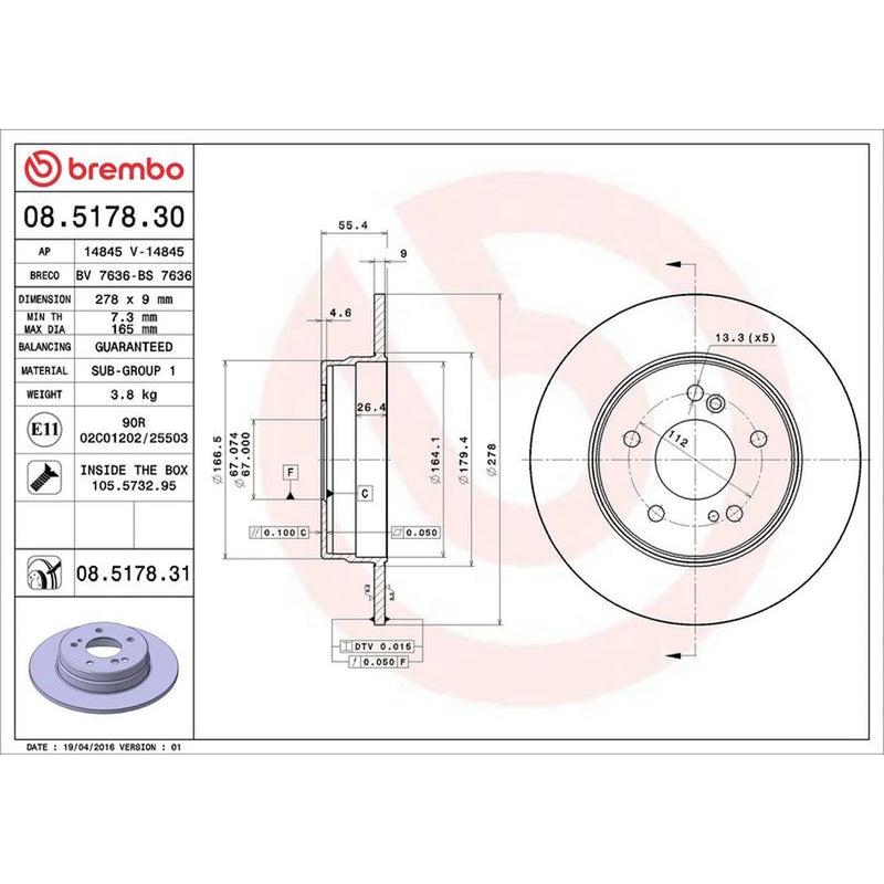 Brembo 2 x Solid Rear Brake Discs 08.5178.31