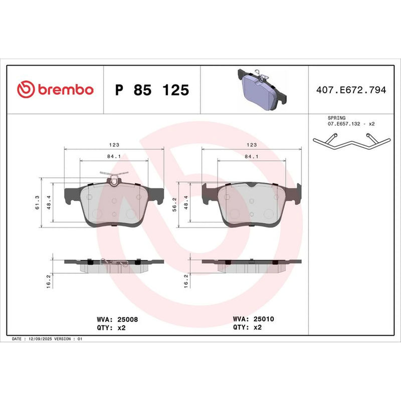 Brembo 4 x Rear Brake Pad Set P85125