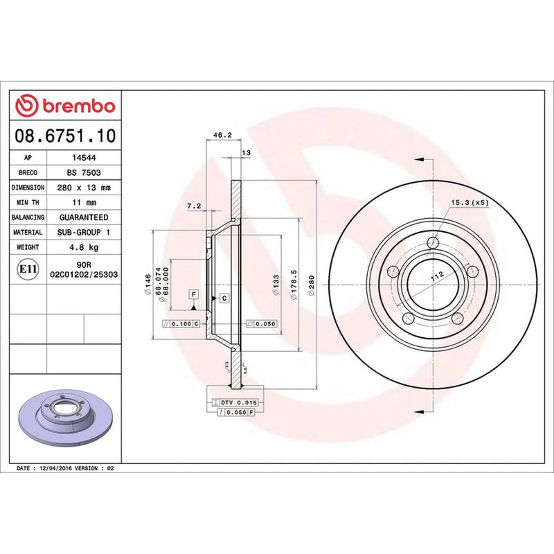 Brembo 2 x Solid Front Brake Discs 08.6751.10