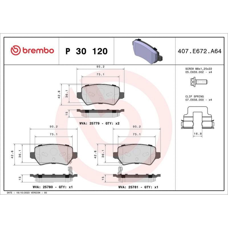 Brembo 4 x Rear Brake Pad Set P30120