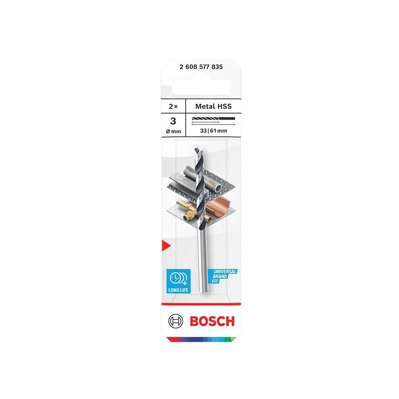 Bosch Powertool Accessories Metal HSS Twist Drill Bit 3 x 33 x 61mm (Pack of 2)