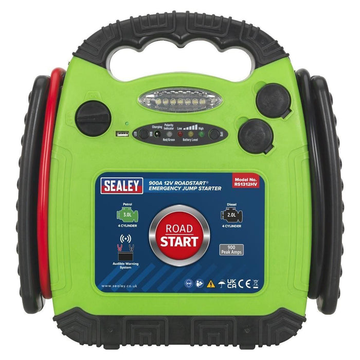 Sealey RoadStartï Emergency Jump Starter 12V 900 Peak Amps Hi-Vis Green RS1312HV Sealey  - Town Parts