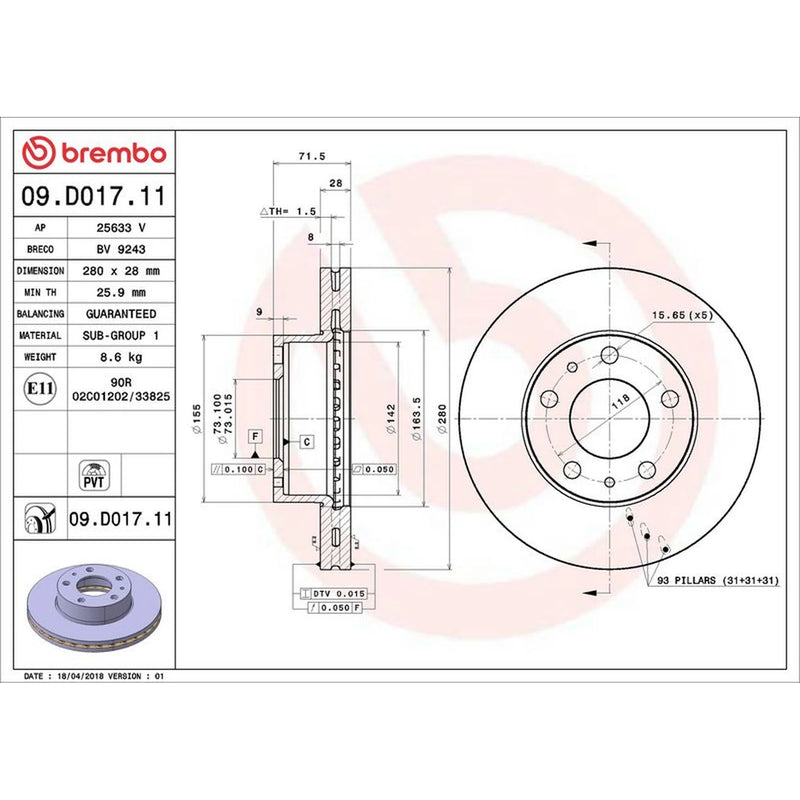 Brembo 2 x Front Brake Discs 09.D017.11