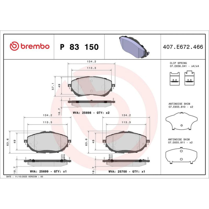 Brembo 4 x Front Brake Pad Set P83150