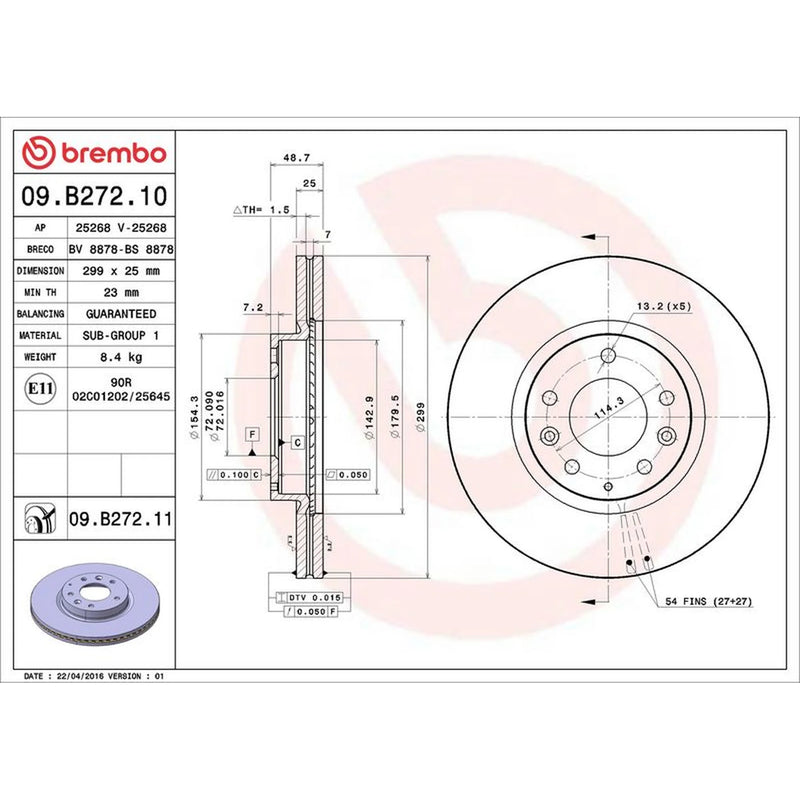 Brembo 2 x Internally Vented Front Brake Discs 09.B272.10