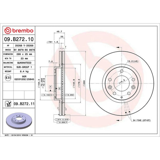 Brembo 2 x Internally Vented Front Brake Discs 09.B272.10
