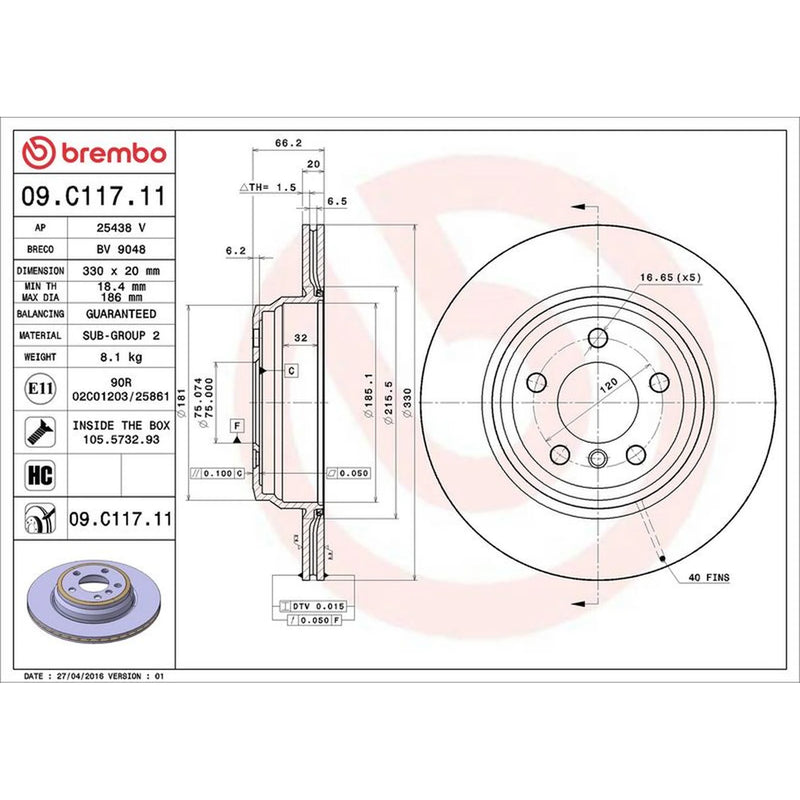 Brembo 2 x Internally Vented Rear Brake Discs 09.C117.11
