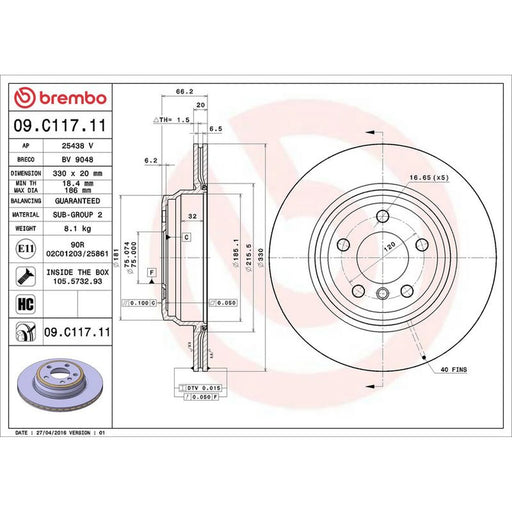 Brembo 2 x Internally Vented Rear Brake Discs 09.C117.11