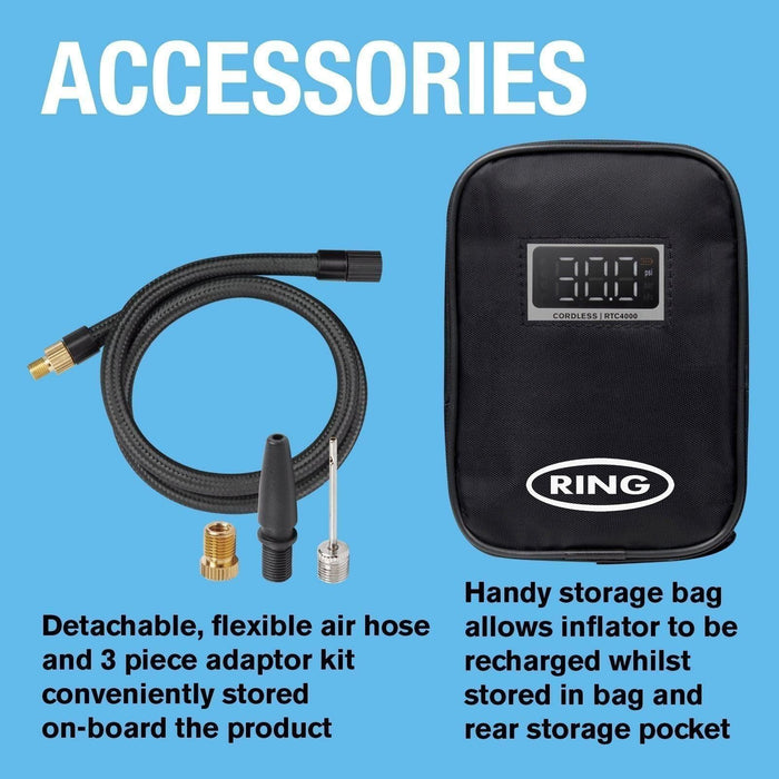 Ring Automotive RTC4000 cordless tyre inflator air compressor car pump. Recharge Ring  - Town Parts