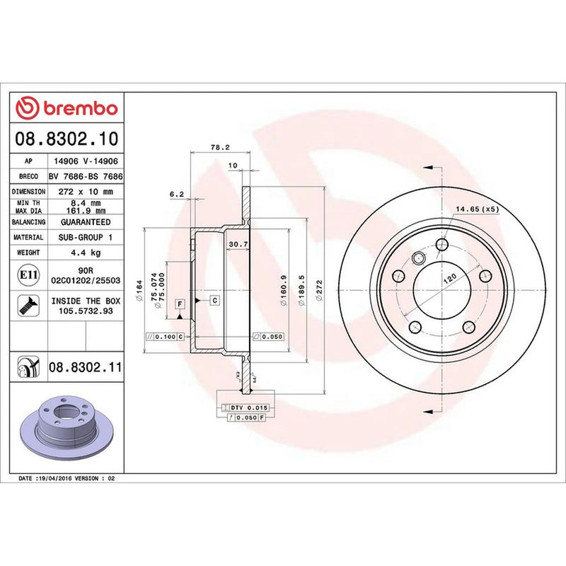 Brembo 2 x Solid Rear Brake Discs 08.8302.11