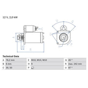 Bosch Starter Motor 12V 2kW 9 Teeth 0986021820