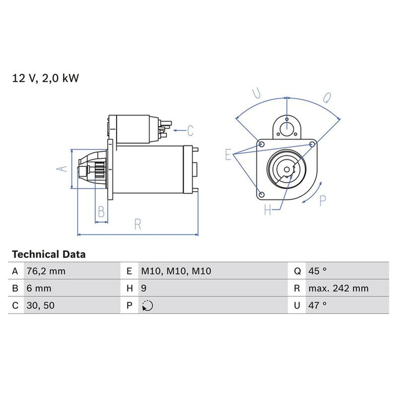 Bosch Starter Motor 12V 2kW 9 Teeth 0986021820