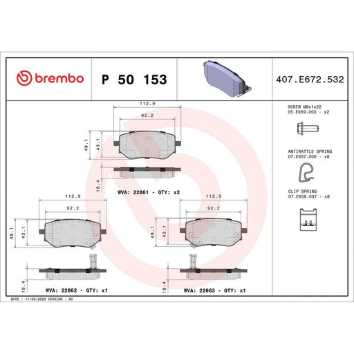 Brembo 4 x Rear Brake Pad Set P50153