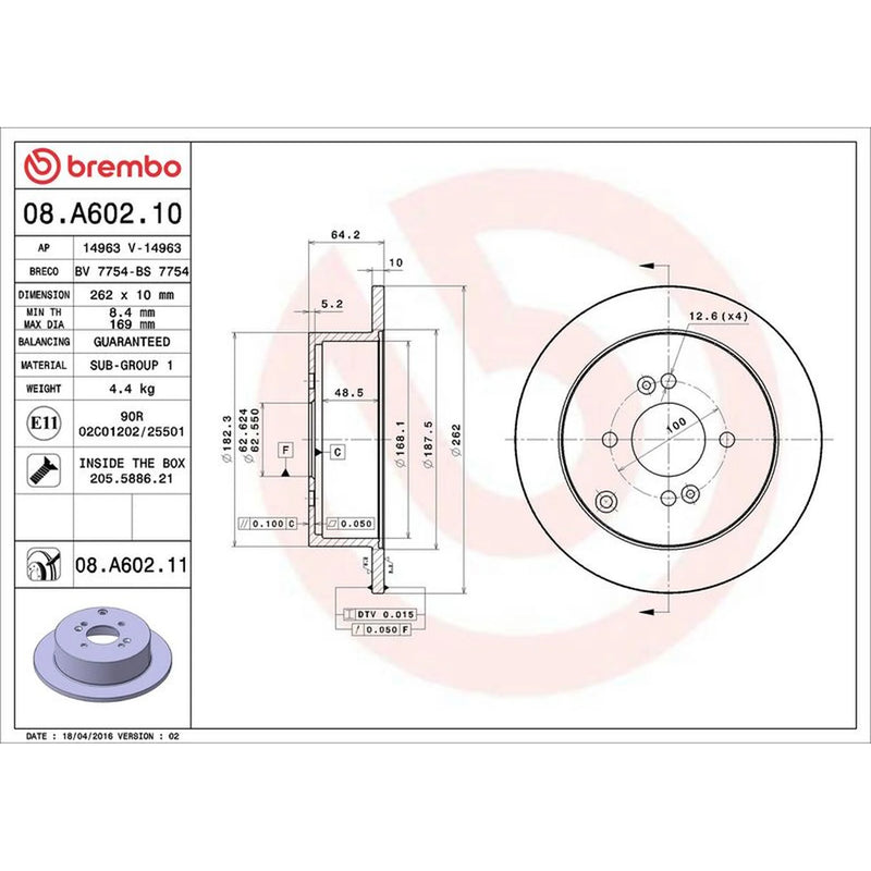 Brembo 2 x Solid Rear Brake Discs 08.A602.11