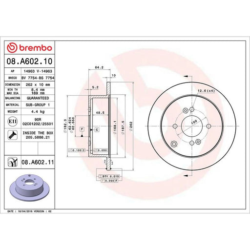 Brembo 2 x Solid Rear Brake Discs 08.A602.11