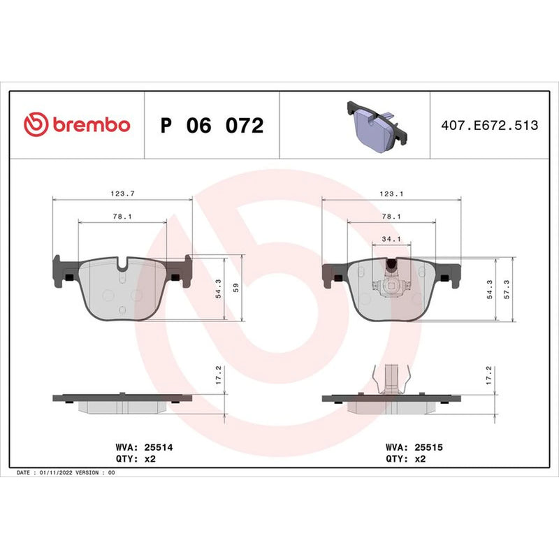 Brembo 4 x Rear Brake Pad Set P06072