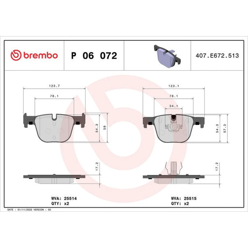 Brembo 4 x Rear Brake Pad Set P06072