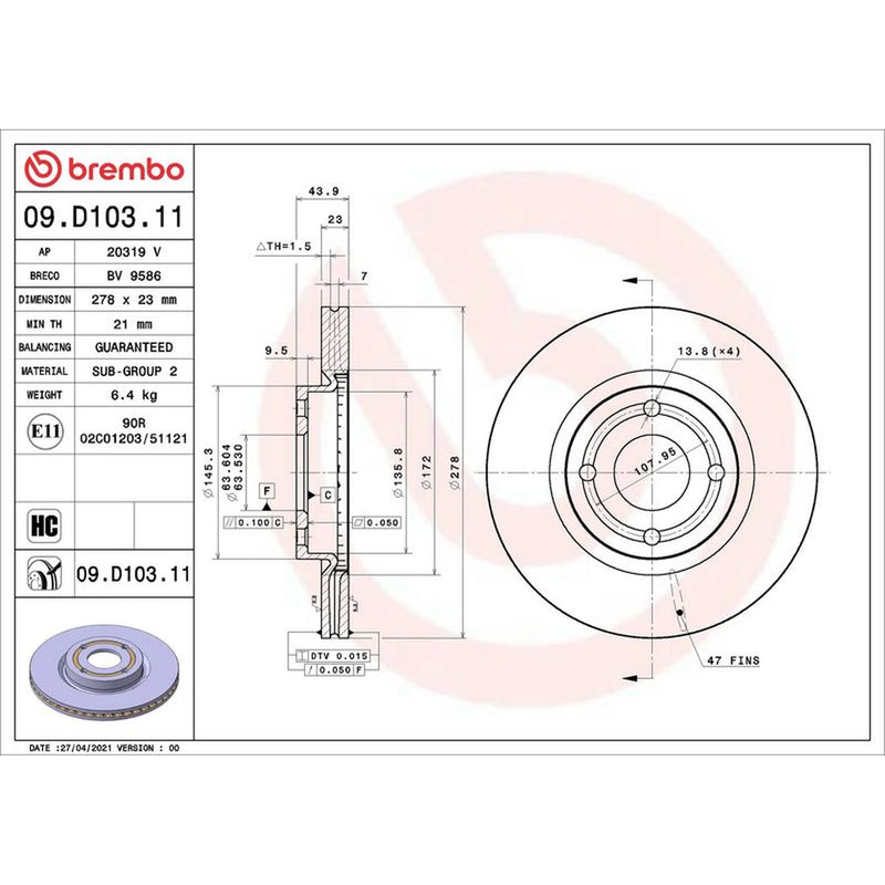 Brembo 2 x Internally Vented Front Brake Discs 09.D103.11