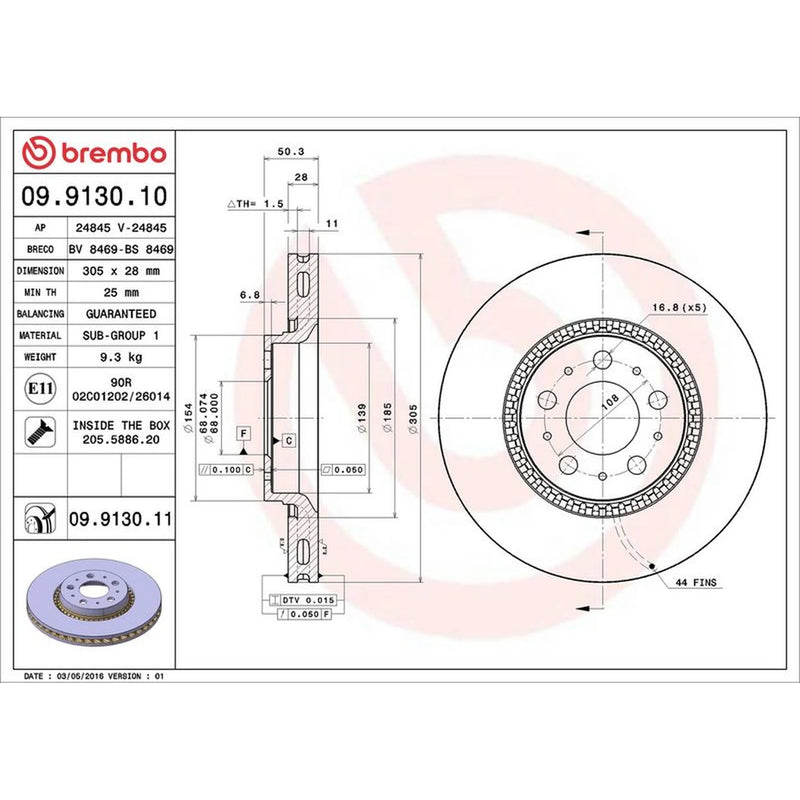 Brembo 2 x Internally Vented Front Brake Discs 09.9130.11