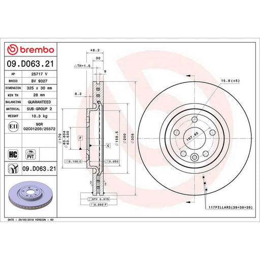 Brembo 2 x Internally Vented Front Brake Discs 09.D063.21