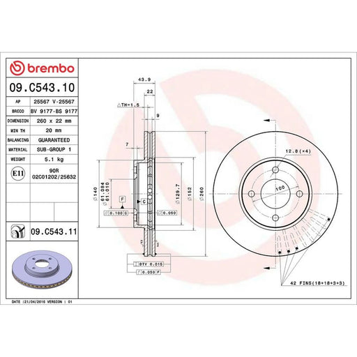 Brembo 2 x Internally Vented Front Brake Discs 09.C543.11