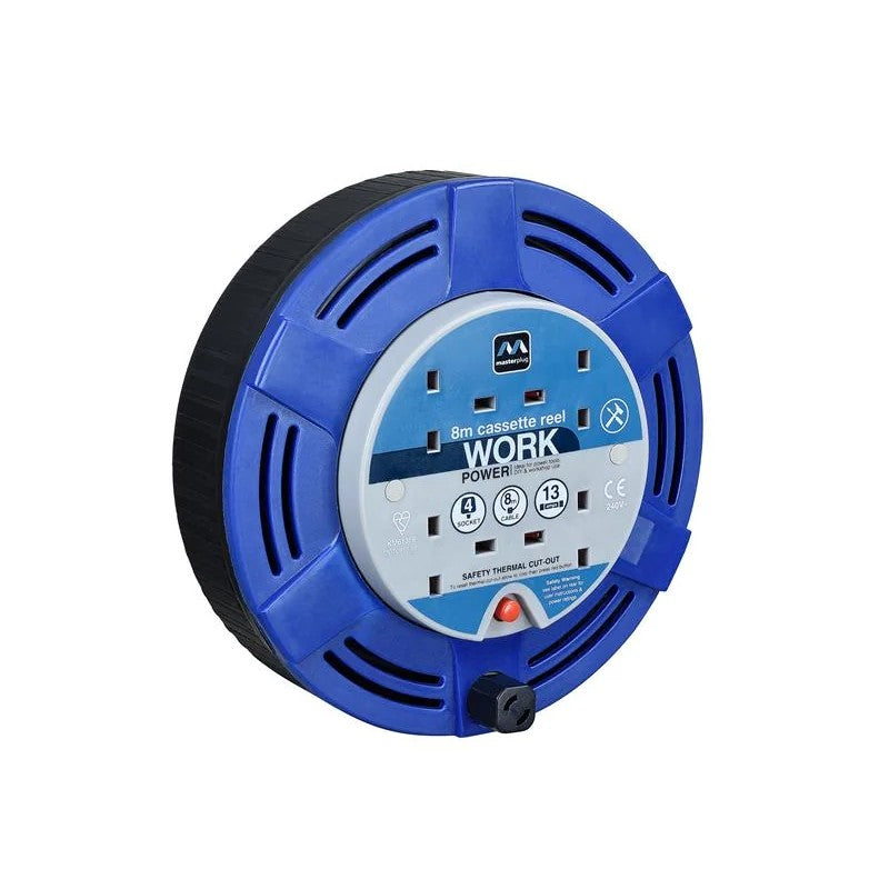 Masterplug Cassette Cable Reel 240V 13A 4-Socket Thermal Cut-Out Blue 8m