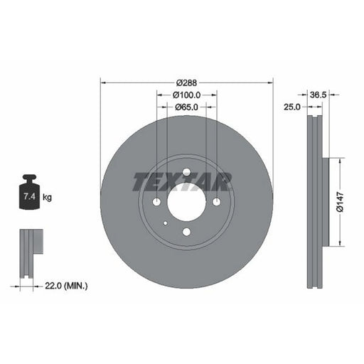 Textar 2 x Externally Vented Front Brake Discs 92302303