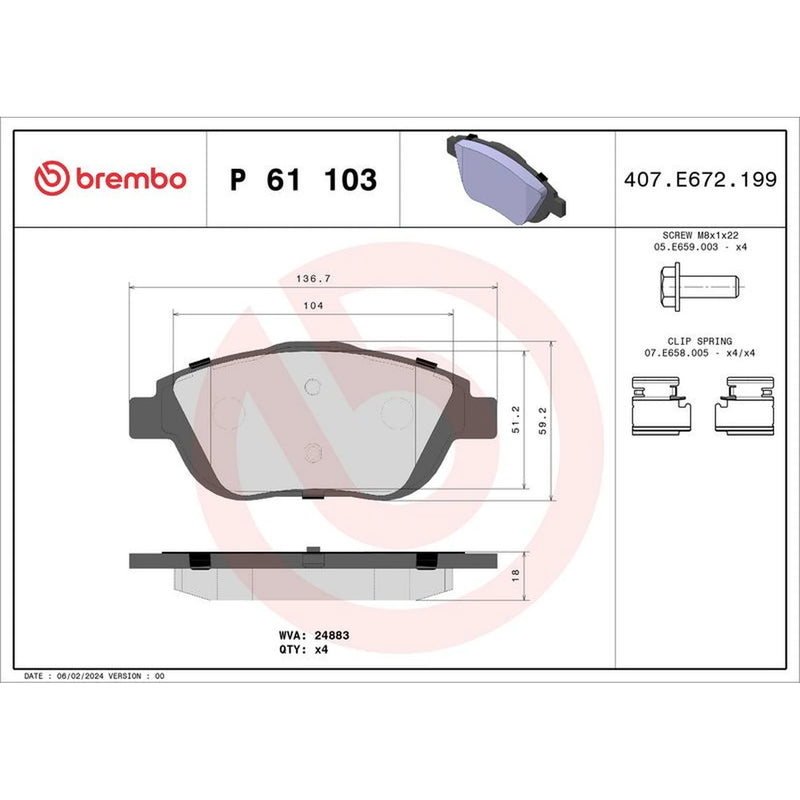 Brembo 4 x Front Brake Pad Set P61103