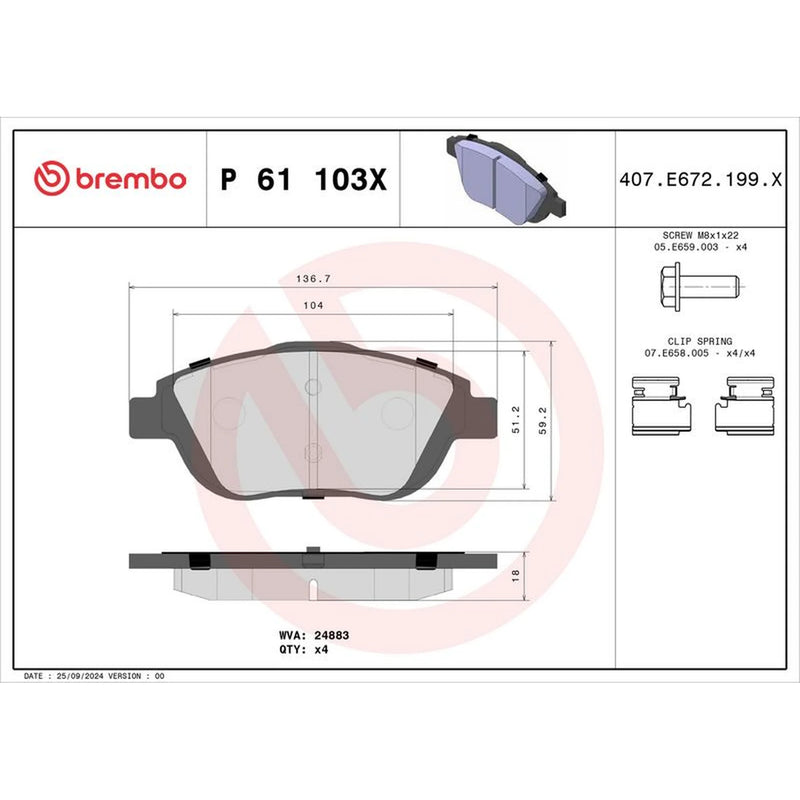 Brembo 4 x Front Brake Pad Set P61103X